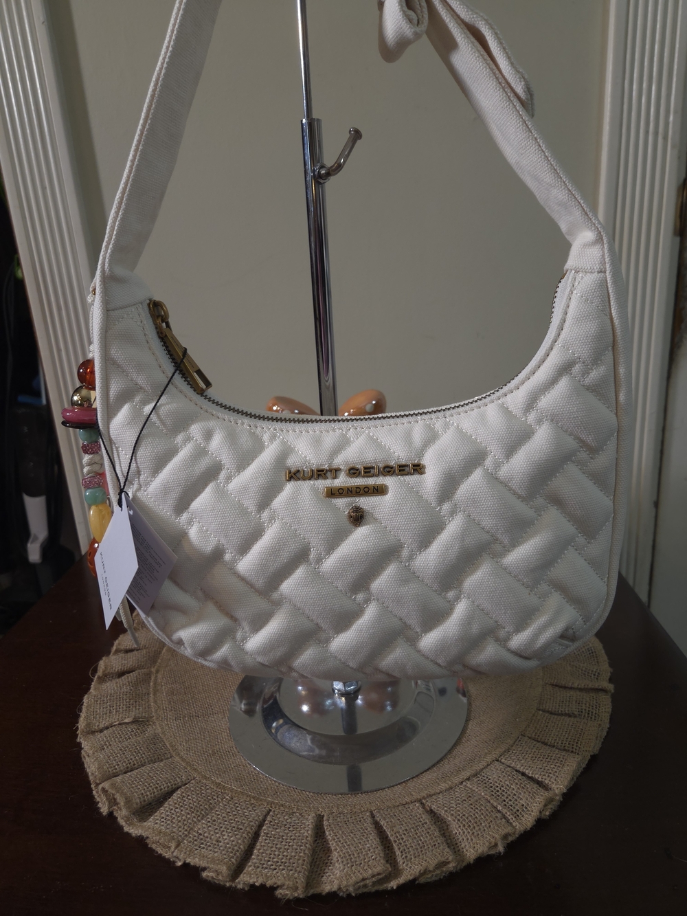 NWT Kurt Geiger Canvas Cream Comb Angel Hobo Shoulder Bag